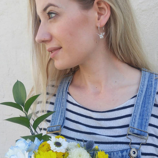 Sterling Silver and Pearl Hoop Earrings -"Flying Bee"