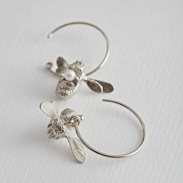 Sterling Silver and Pearl Hoop Earrings -"Flying Bee"