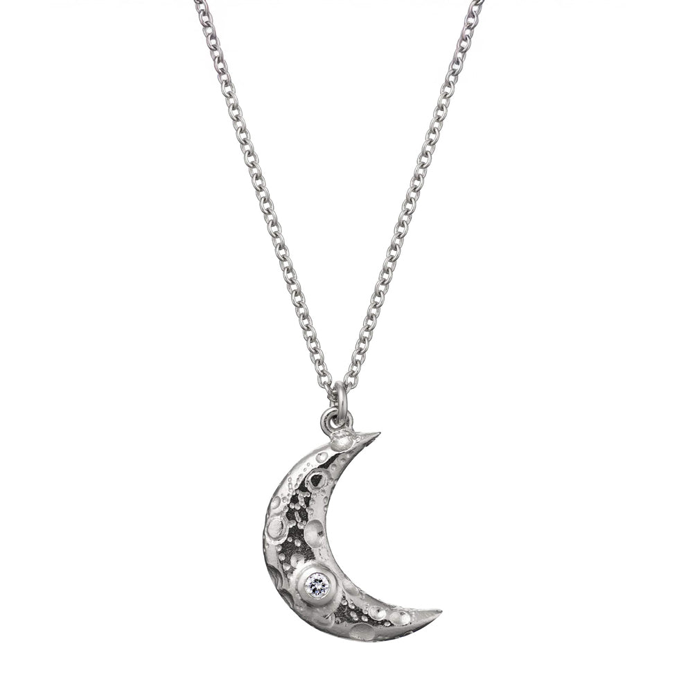 Crescent moon diamond necklace by Alex Monroe in sterling silver