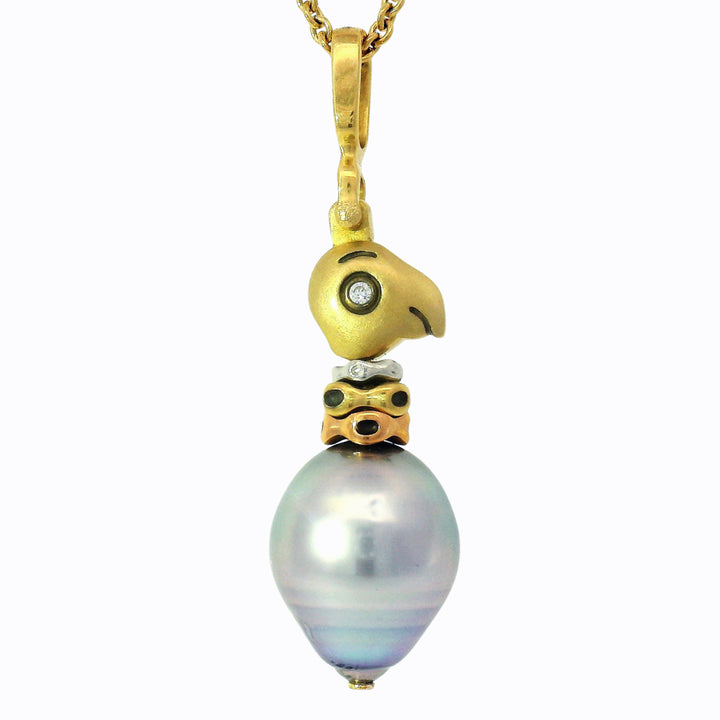 Tahitian Pearl & Multi-Tone Gold Pendant - "Fable Animals & Strange Characters"