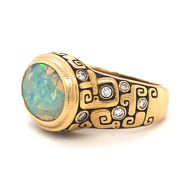 Alex Sepkus "J's Garden" 18K Yellow Gold & 2.79ct Australian Boulder Opal Bezel Ring with Side Diamonds Angled
