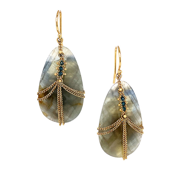 18K yellow gold earrings with large pear shaped sapphire cabochons and blue diamond rondelles
