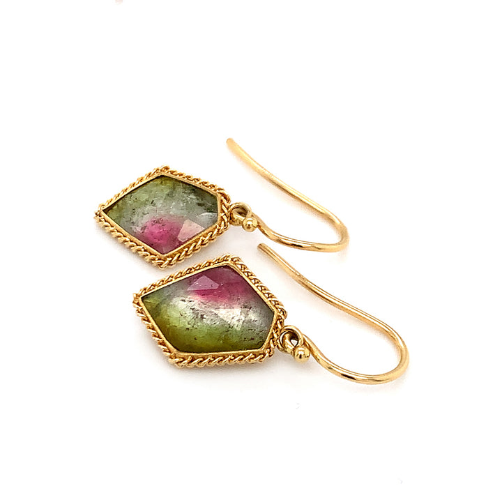 Watermelon Tourmaline Yellow Gold Earrings - "Watermelon Dreams"