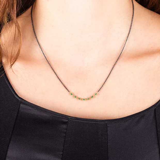Faceted Emerald and Chain Necklace - "Woven Emerald"