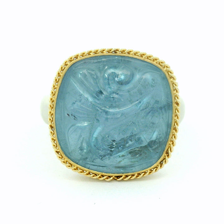 Carved Aquamarine, Gold & Silver Ring - "Deniz Nefesi"