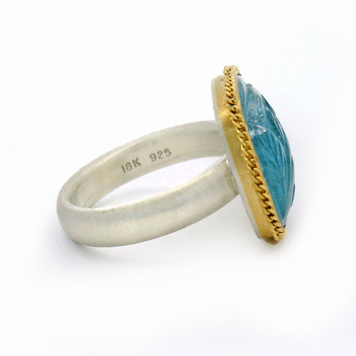 Carved Aquamarine, Gold & Silver Ring - "Deniz Nefesi"