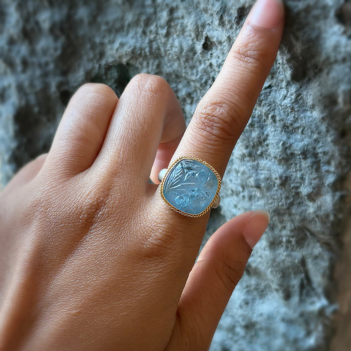 Carved Aquamarine, Gold & Silver Ring - "Deniz Nefesi"
