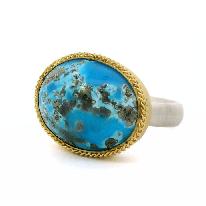 Turquoise Cabochon, Gold & Silver Ring - "Azure Serenity"