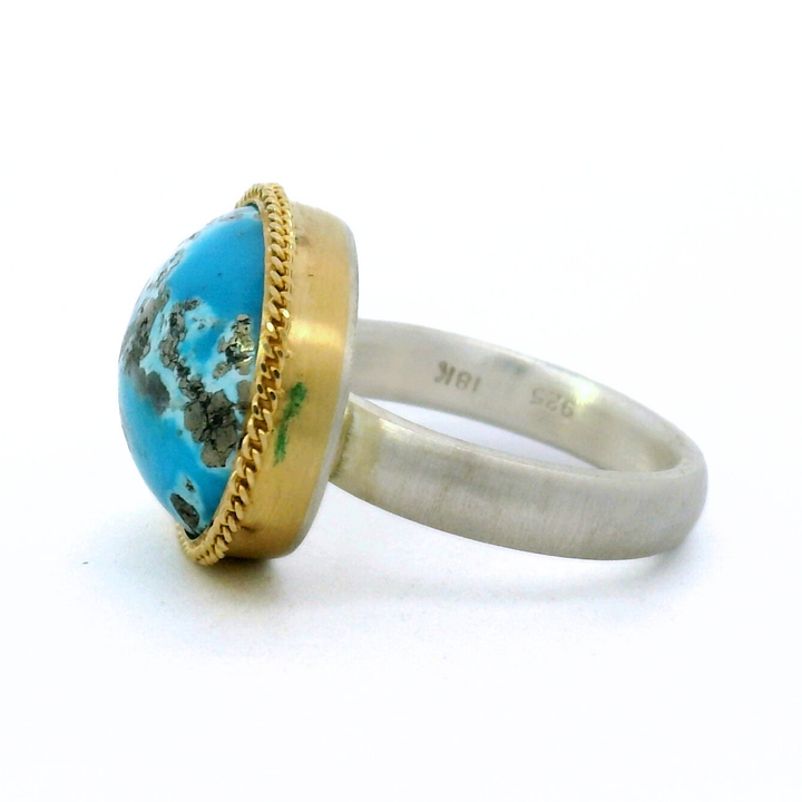 Turquoise Cabochon, Gold & Silver Ring - "Azure Serenity"
