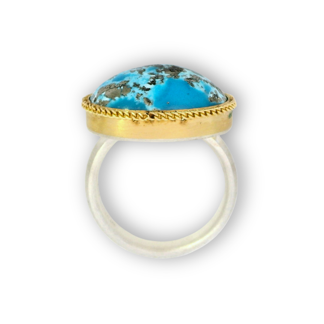 Turquoise Cabochon, Gold & Silver Ring - "Azure Serenity"
