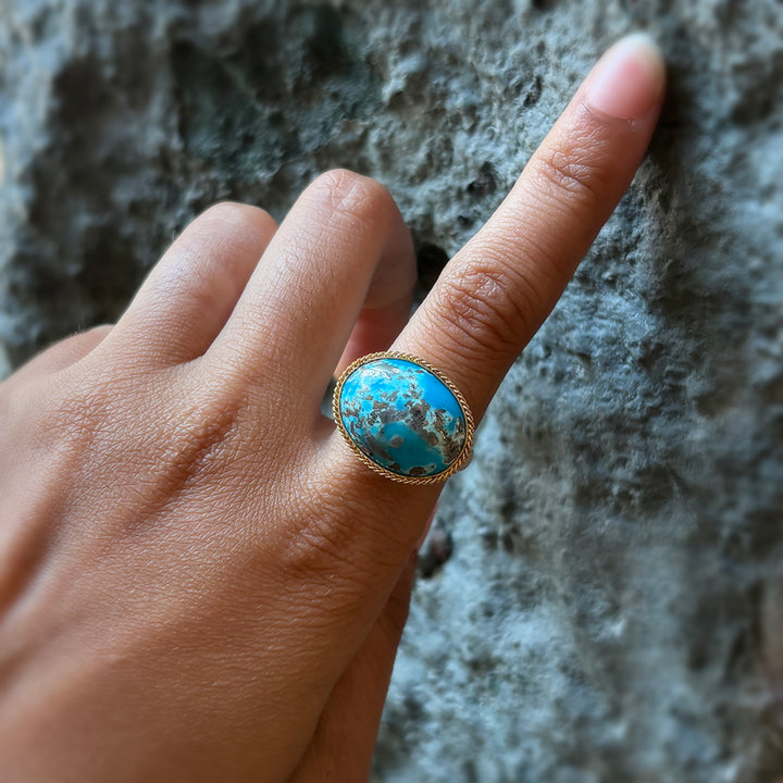 Turquoise Cabochon, Gold & Silver Ring - "Azure Serenity"
