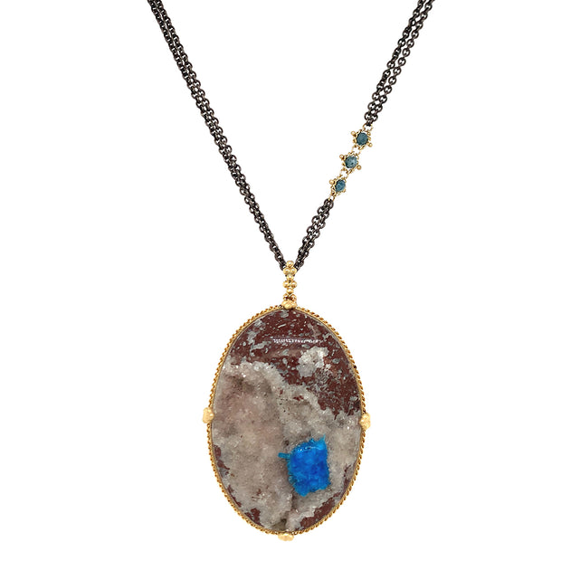 One-of-a-Kind Cavansite With Druzy Quartz & Diamond Rondelle Necklace - "Toprak"