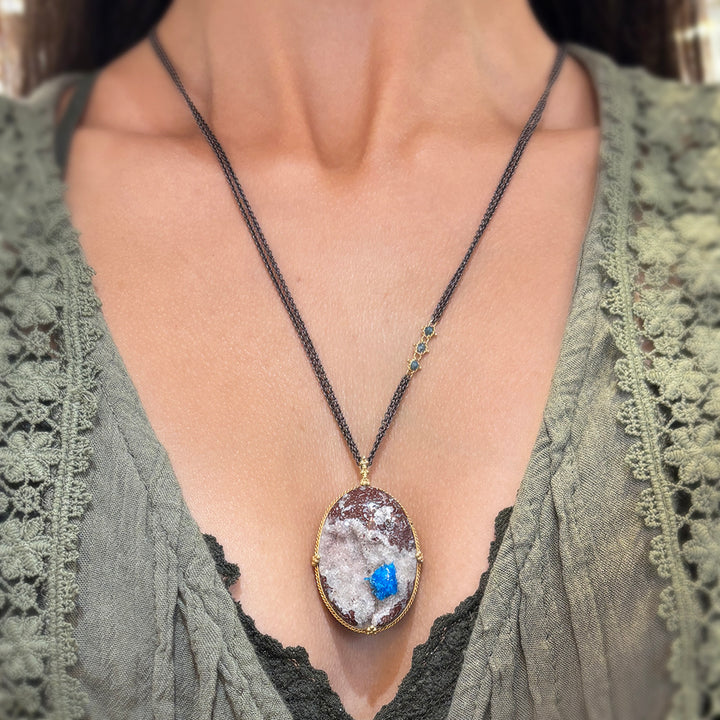 One-of-a-Kind Cavansite With Druzy Quartz & Diamond Rondelle Necklace - "Toprak"