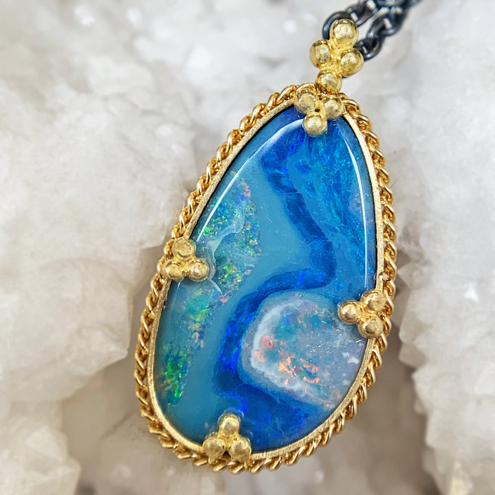 Australian Opal Doublet, Silver & Gold Necklace - "Electric Waters"
