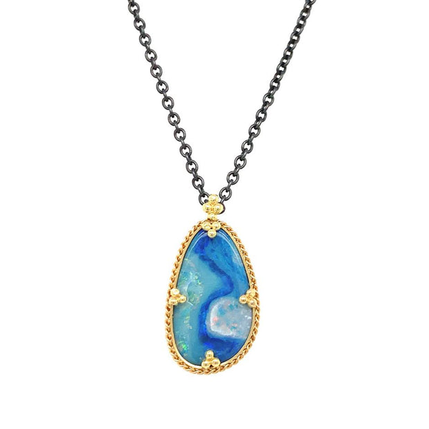 Sterling Silver & Yellow Gold Australian Opal Doublet Necklace - "Electric Waters"