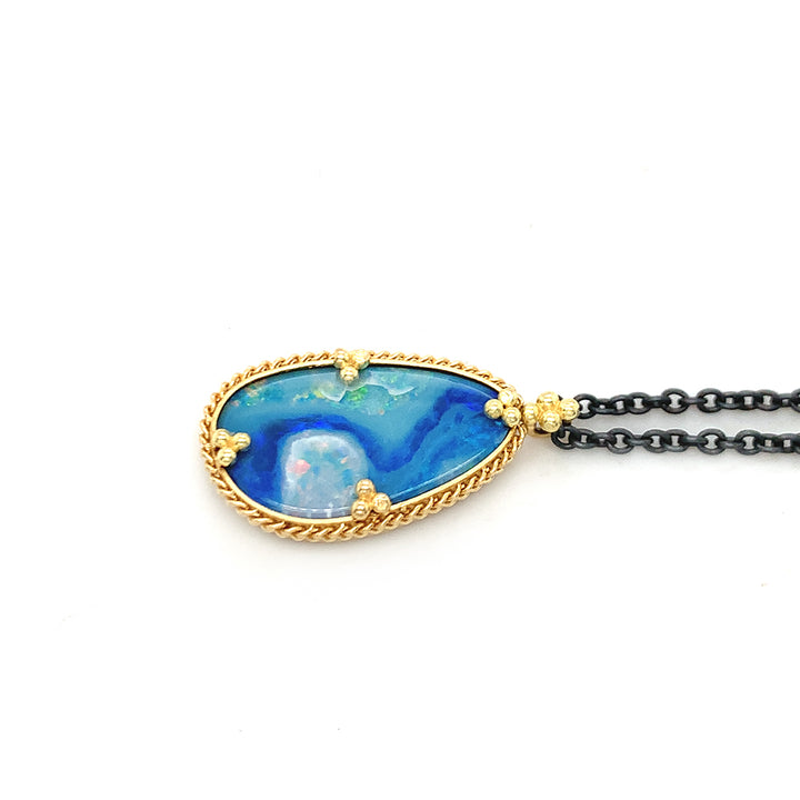 Australian Opal Doublet, Silver & Gold Necklace - "Electric Waters"
