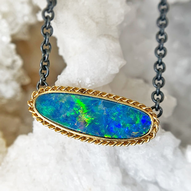 Sterling Silver & Yellow Gold Australian Opal Doublet Necklace - "Glowing Sea"