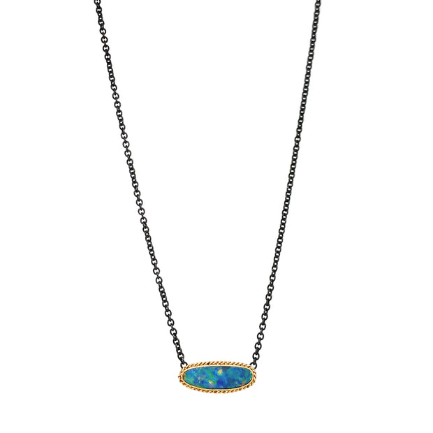 Sterling Silver & Yellow Gold Australian Opal Doublet Necklace - "Glowing Sea"