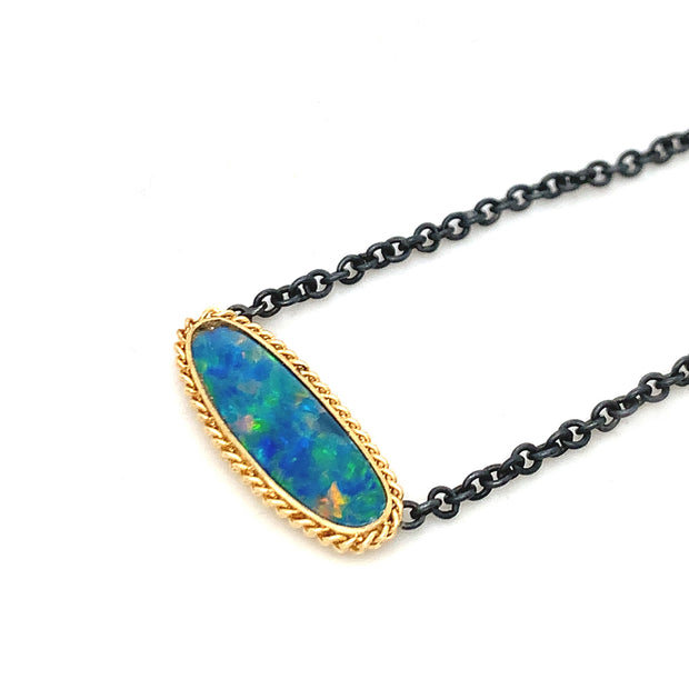 Sterling Silver & Yellow Gold Australian Opal Doublet Necklace - "Glowing Sea"