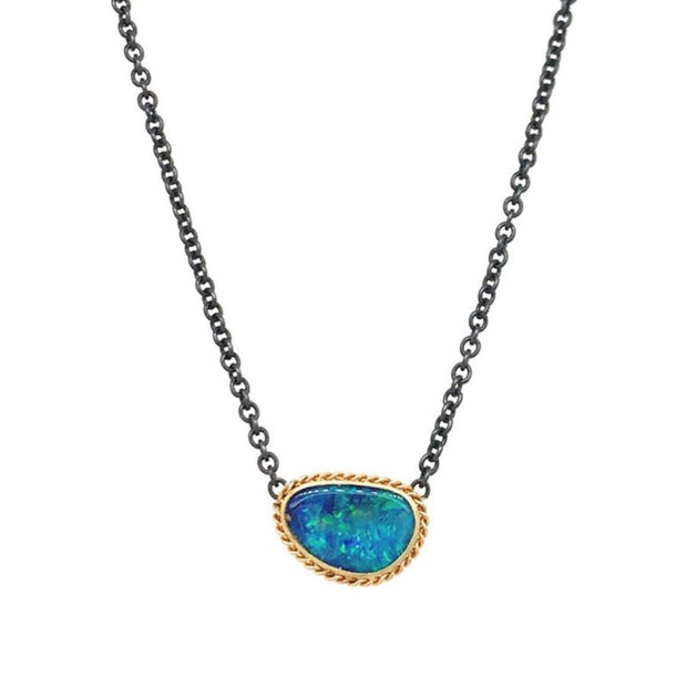 Sterling Silver & Yellow Gold Australian Opal Doublet Necklace - "Bioluminescent"