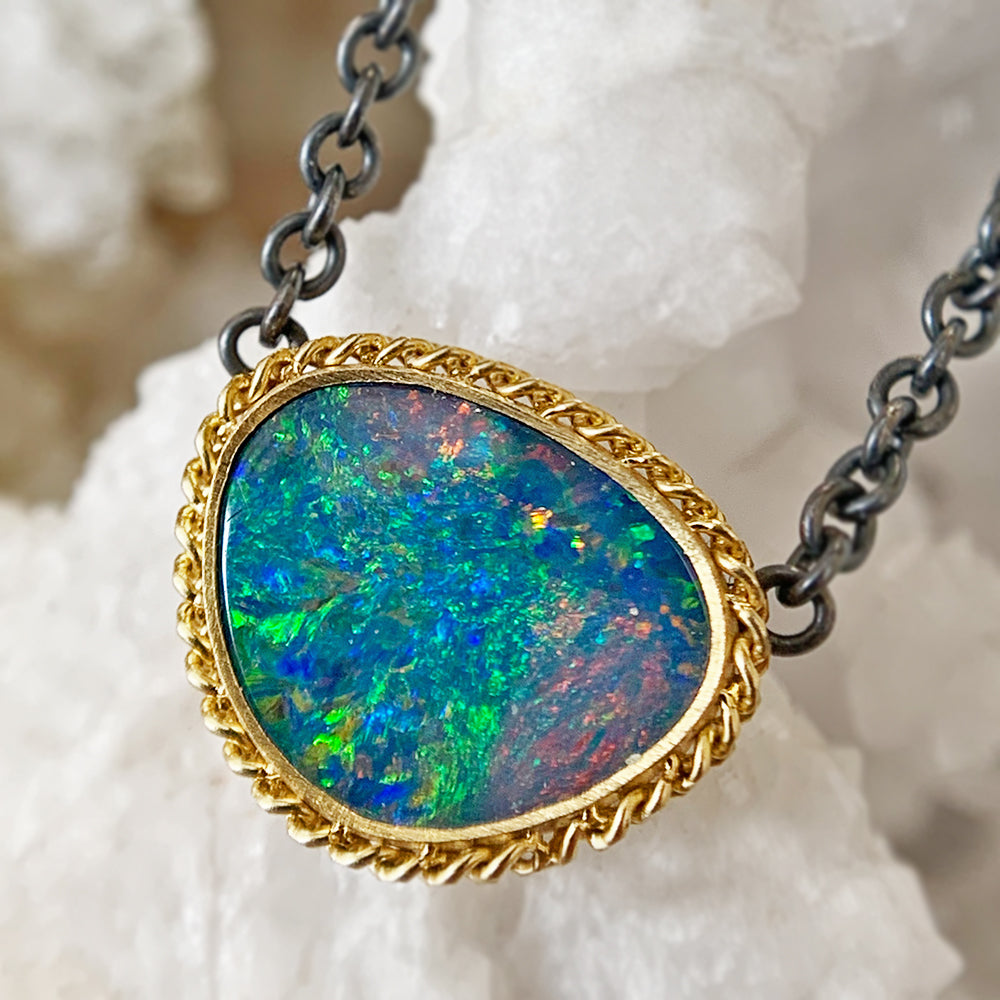 Australian Opal Doublet, Silver Gold Necklace