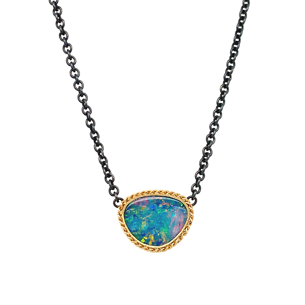 Australian Opal Doublet, Silver & Gold Necklace - "Monet's Palette"