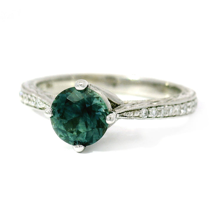 Teal-Blue Montana Sapphire & Diamond Engagement Ring - "Francesca"