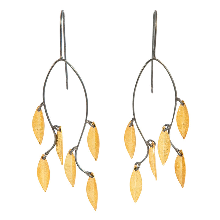 Blackened Sterling Silver & Gold Vermeil Drop Earrings - "Raining Leaf"