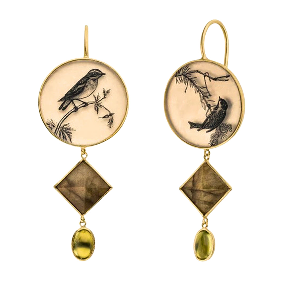 Passing Through sparrow earhangers by Anna Bánkuti with peridot and labradorite