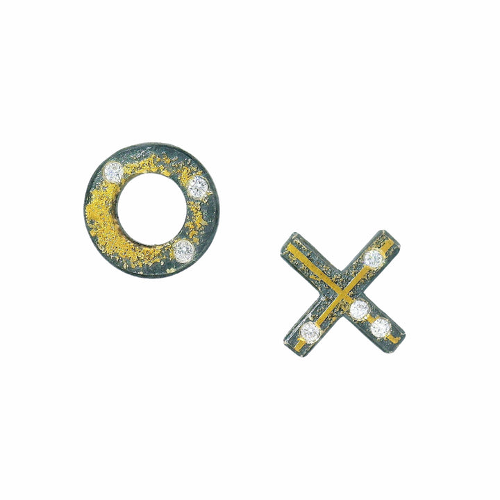 Diamond, Gold & Sterling Silver Stud Earrings - "XO"