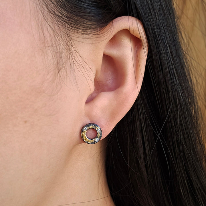 Diamond, Gold & Sterling Silver Stud Earrings - "XO"