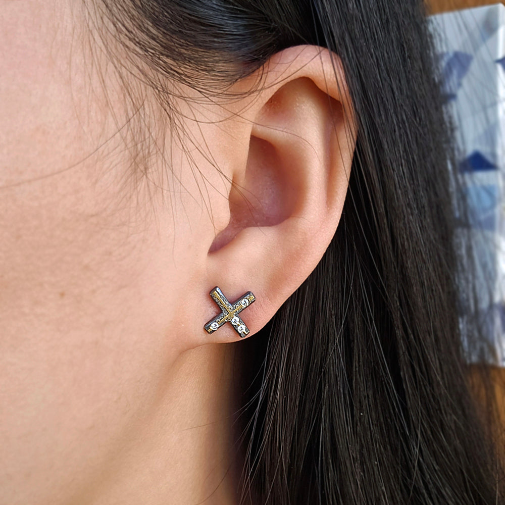 Diamond, Gold & Sterling Silver Stud Earrings - "XO"