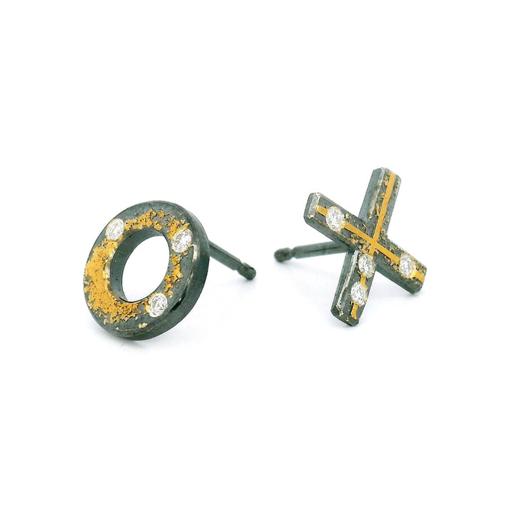 Diamond, Gold & Sterling Silver Stud Earrings - "XO"
