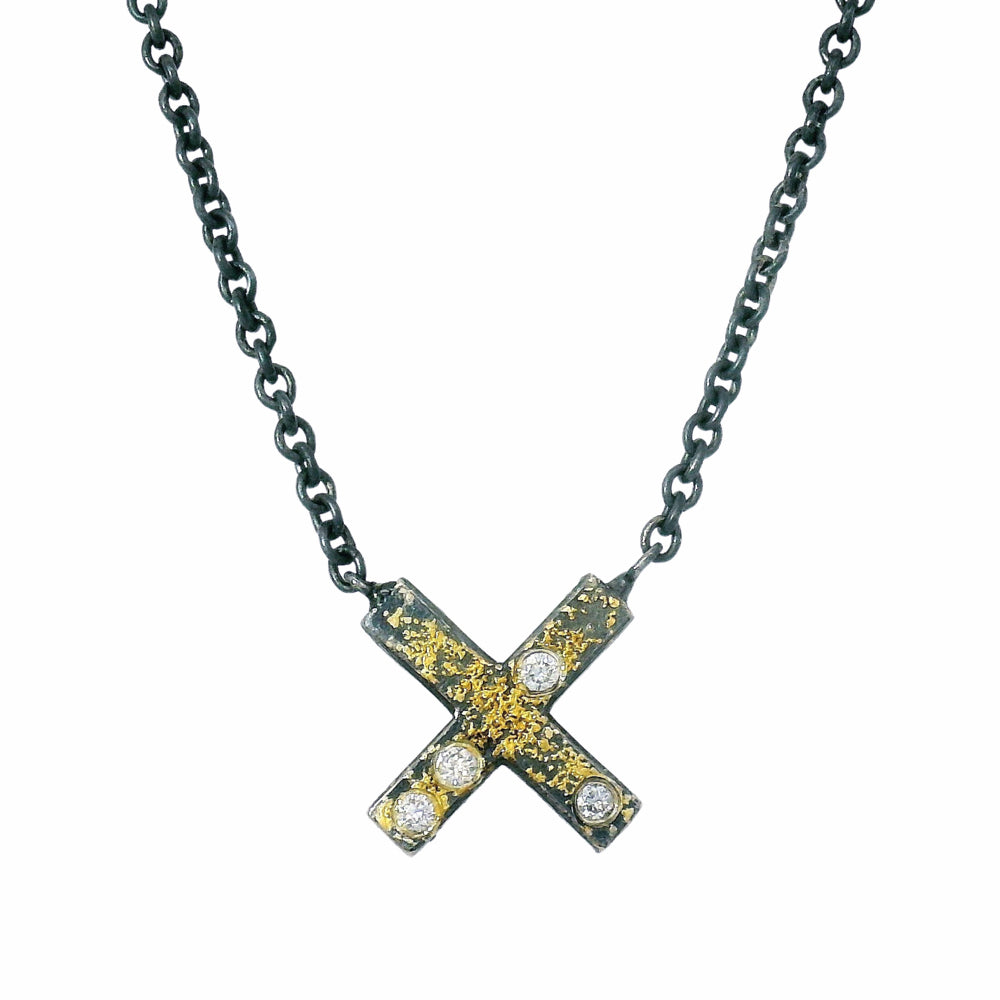 Diamond, Gold & Sterling Silver Necklace - "X"