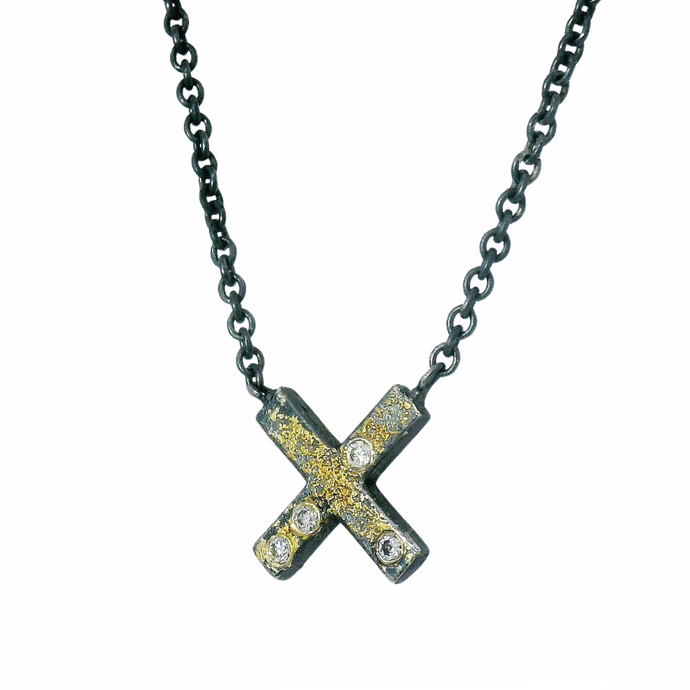 Diamond, Gold & Sterling Silver Necklace - "X"