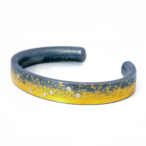 Oxidized Sterling Silver & Gold Cuff with Diamonds - "Divide"