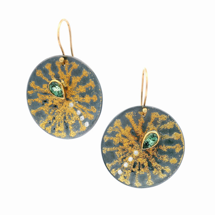 Montana Sapphire, Diamond, Yellow Gold & Silver Earrings - "Sunseed"