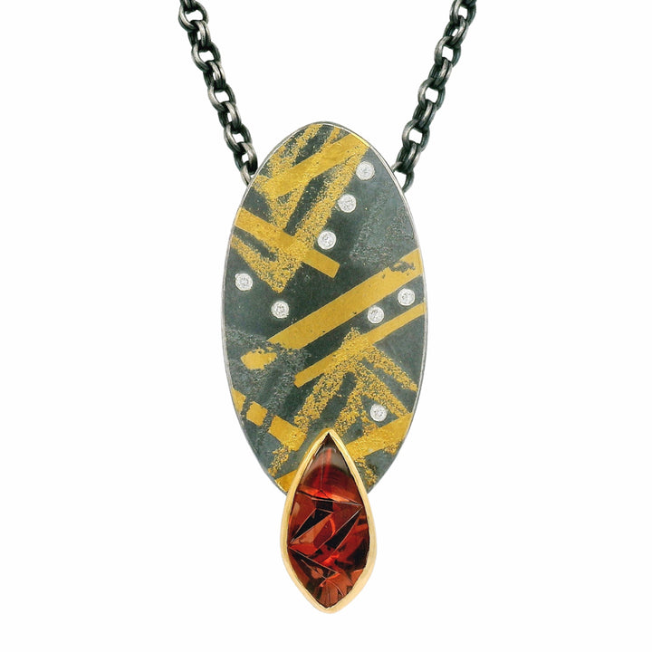 One-of-a-kind Oregon Sunstone, Gold & Sterling Silver Pendant - "Sunfall"