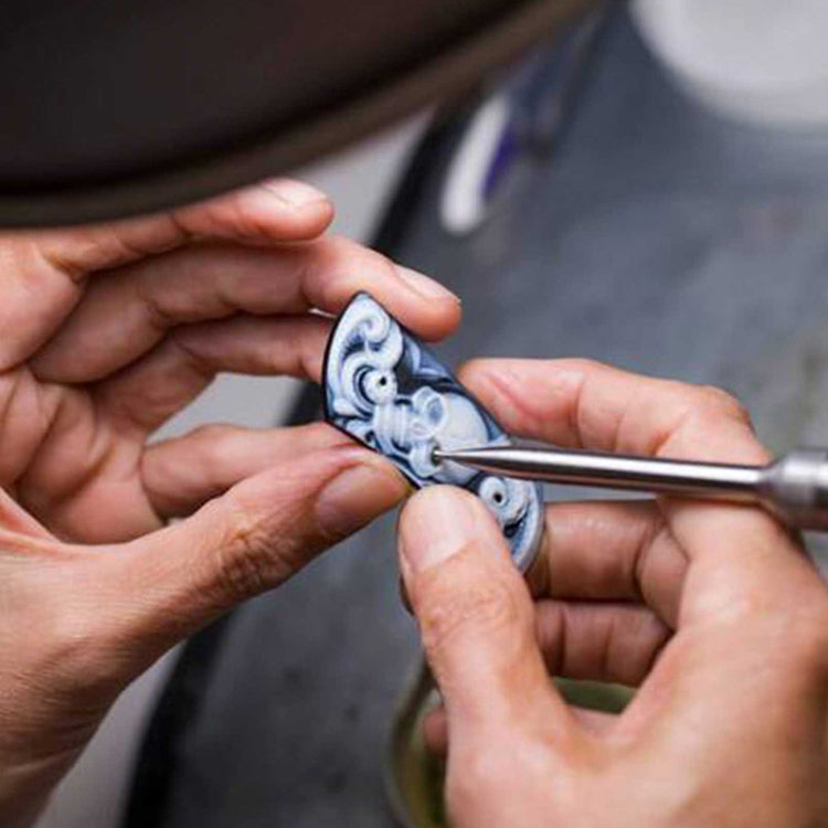 Damascus Steel & Carved Agate Spearpoint Knife - "B12 Belfry"