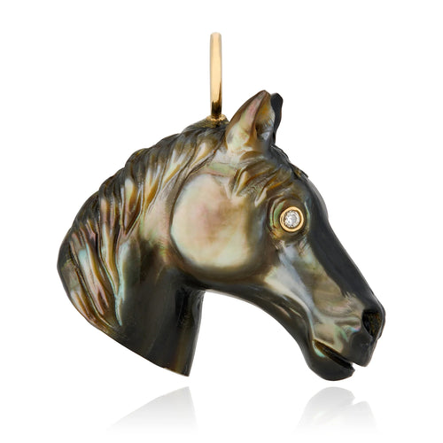 Black Mother-of-Pearl Carved Horse & Diamond Pendant - "Black Beauty"