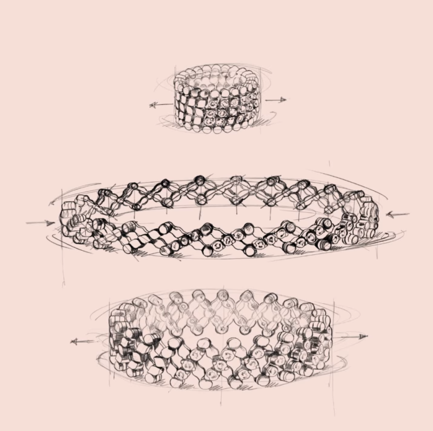 Schematic showing Serafino Consoli expandable rings which can expand 10 sizes or convert from a ring to a bracelet