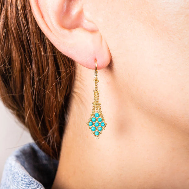 Suspended Gold Lattice Earrings with Turquoise