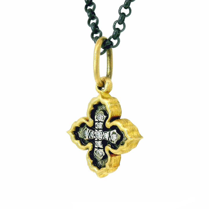 Gothic-inspired charm pendant with diamond cross and AMOR engraving