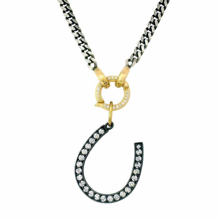 Diamond Horseshoe Pendant in Oxidized Silver & 14K Gold