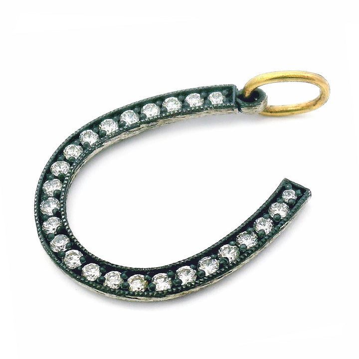 Diamond Horseshoe Pendant in Oxidized Silver & 14K Gold
