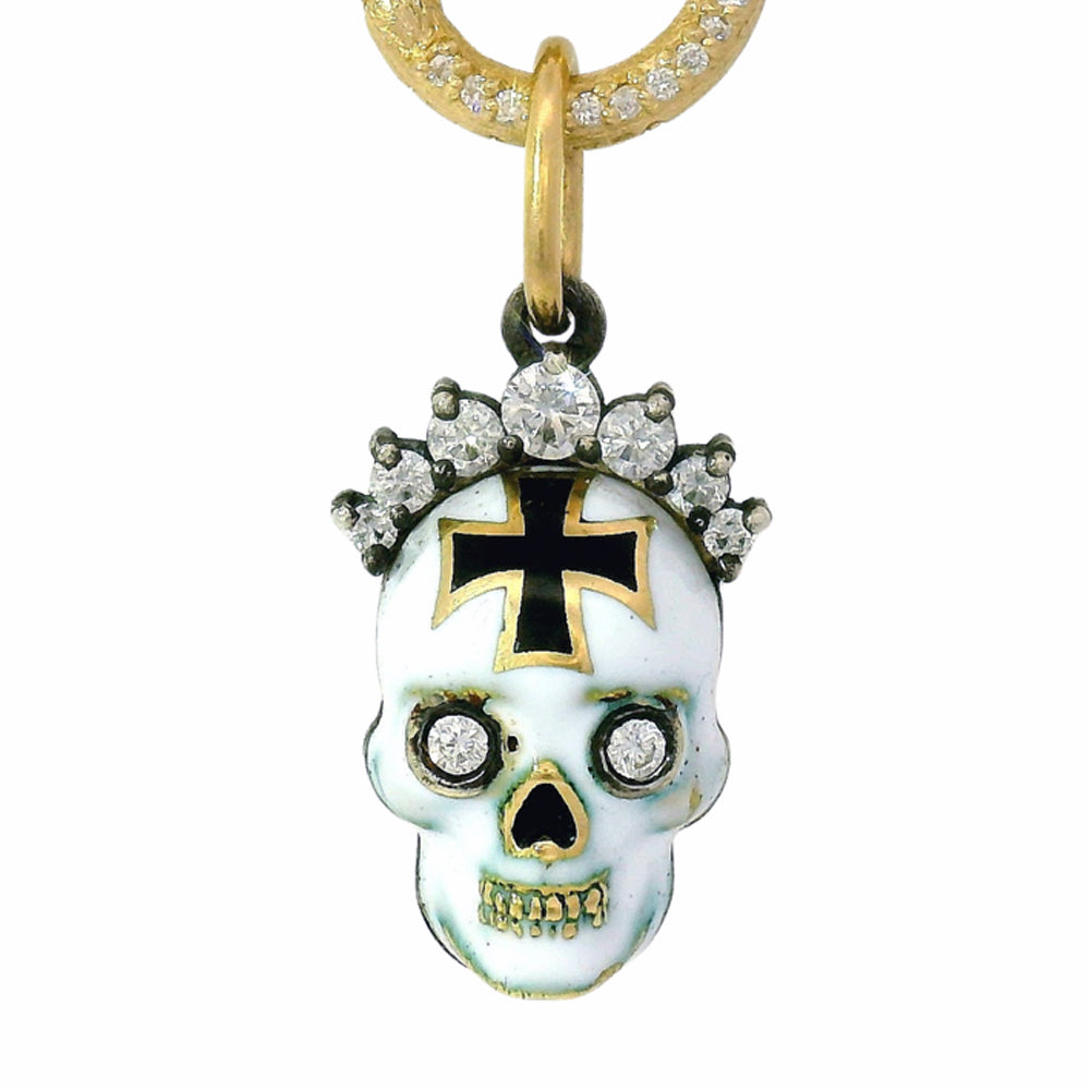 White enamel skull charm with sterling silver and 18K gold detailing