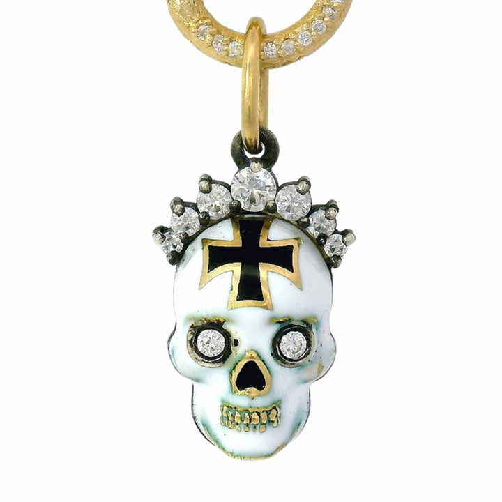 White enamel skull charm with sterling silver and 18K gold detailing