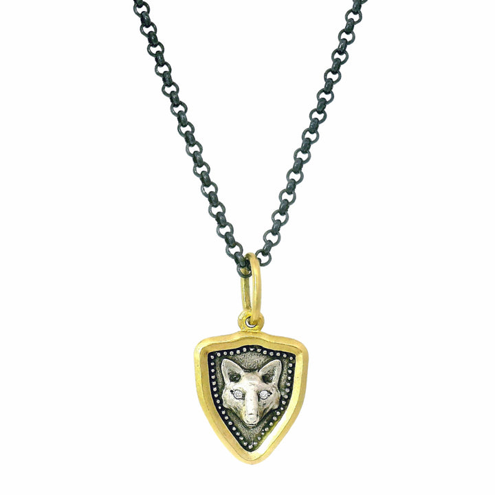 Shield-shaped fox pendant with diamond accents and milgrain detail