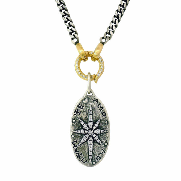 Diamond & Sterling Silver Large Oval Pendant - "Fleur de Lis & North Star"