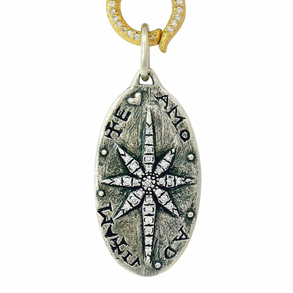 Diamond & Sterling Silver Large Oval Pendant - "Fleur de Lis & North Star"
